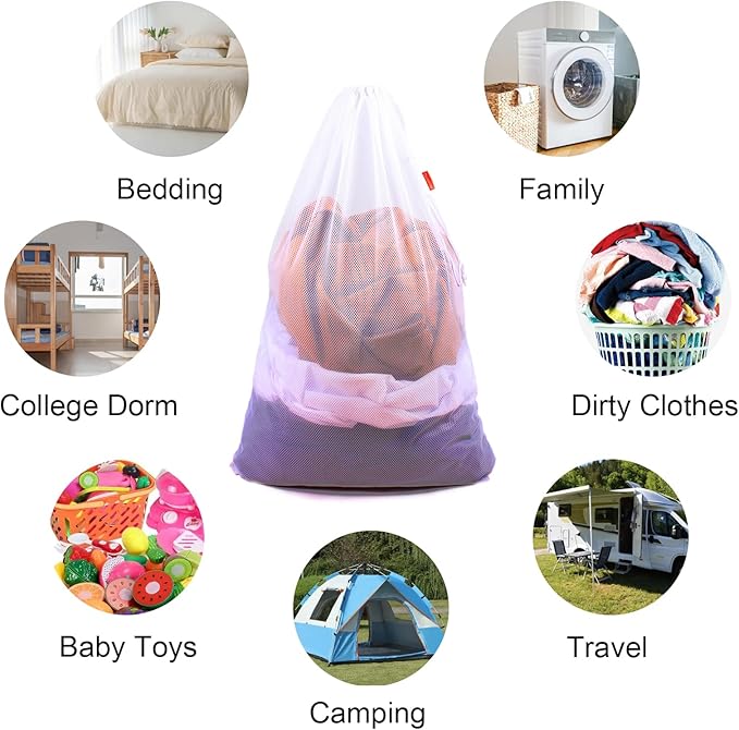 3 Pack Mesh Laundry Bags, 24 x 36 Inches Heavy Duty Drawstring Bag, Travel and