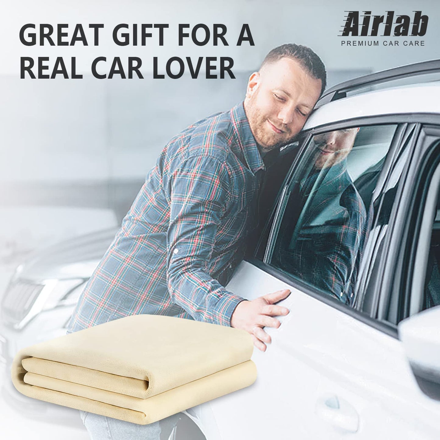 Airlab Large Genuine Chamois Leather XXL/90x60 cm, Shammy Leather Cloth, Car Washing Drying Towel, Natural Real Leather Cleaning Wipes for Mirrors, Glasses, Window, Display, Bathroom & Kitchen