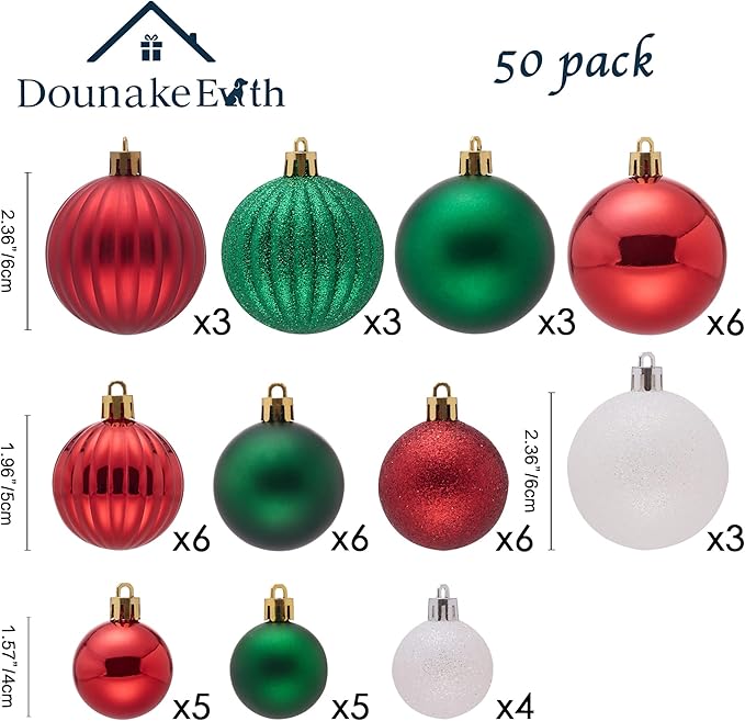 50ct Christmas Balls Ornaments for Xmas Tree, Red Green White Shatterproof Christmas Tree Decorations Hanging Ball for Holiday Party Decor(1.57"-2.36")