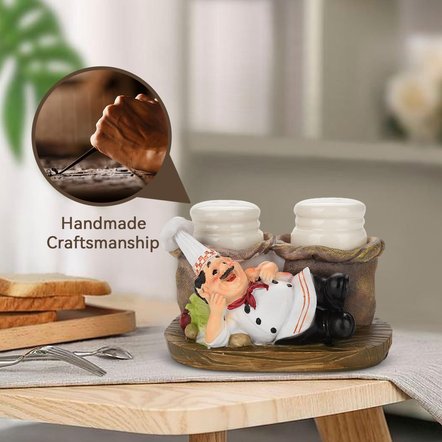Salt and Pepper Shakers Set, Resin Chef Decorative Statue Spice Organizer Funny Chef Ornament Spice Jars Holder with Chef Figurines Holder for Family, Kitchen, Restaurant, Cafe, Bakery(#C)