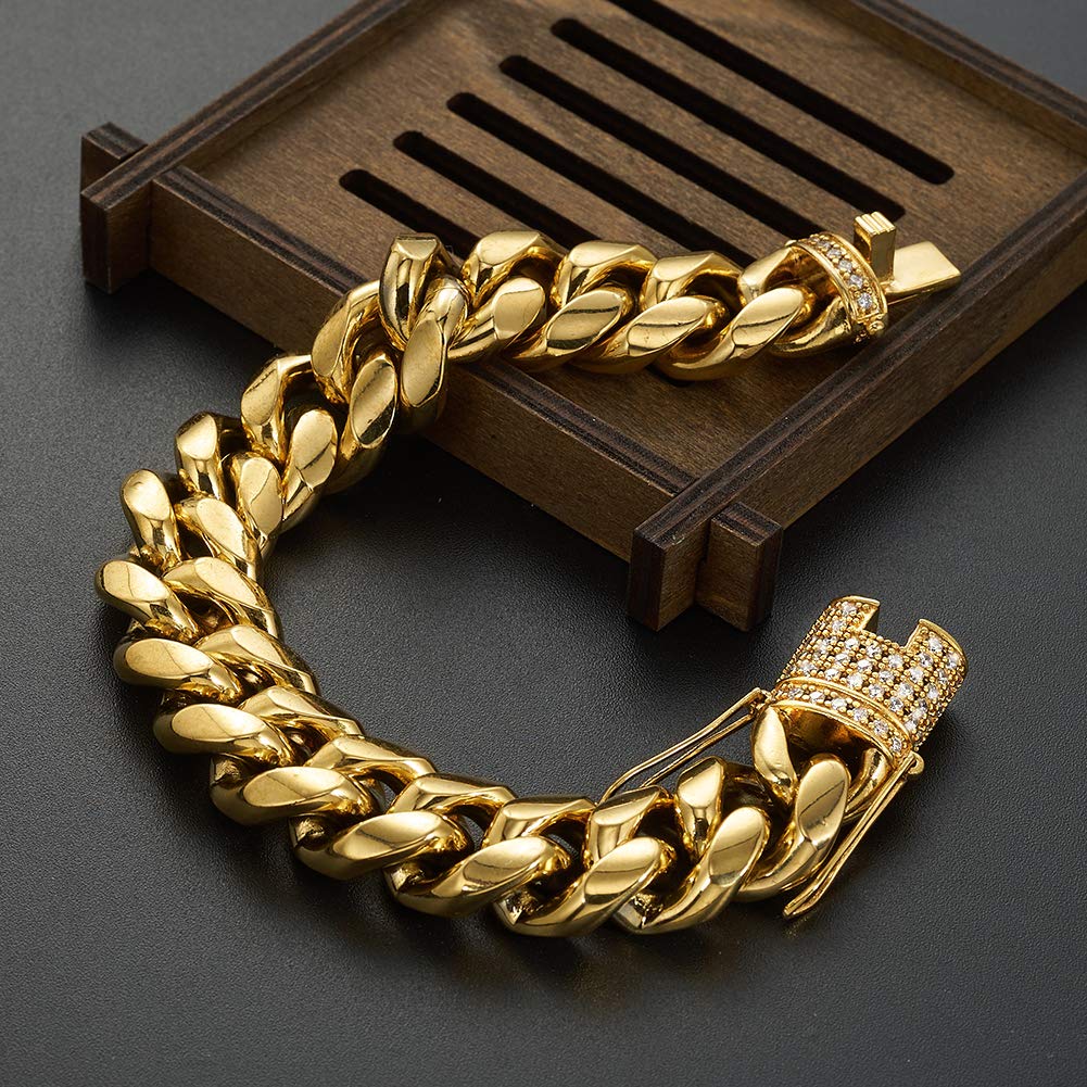 Jxlepe Mens Miami Cuban Link Chain 18K Gold 15mm Stainless Steel Curb Bracelet with cz Diamond Chain Choker (8.5, Bracelet)