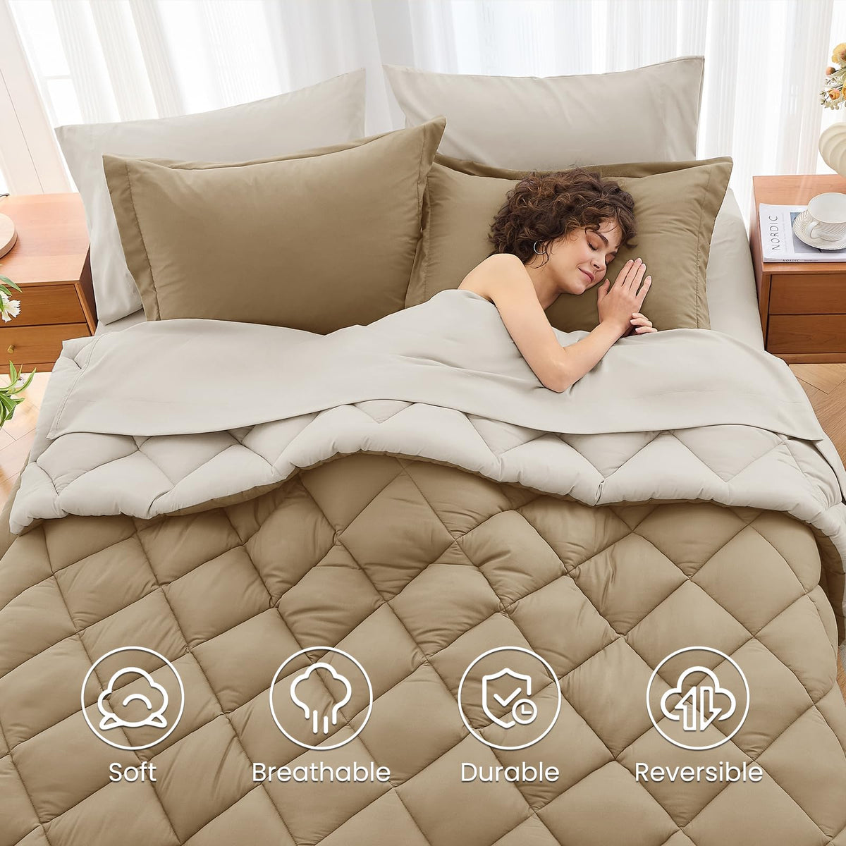 MUXHOMO 7 Pieces Queen Comforter Set, Reversible Bed in a Bag Queen Size, All Season Bedding Set with Comforter, Flat Sheet, Fitted Sheet, Pillowcases & Shams, Khaki & Linen
