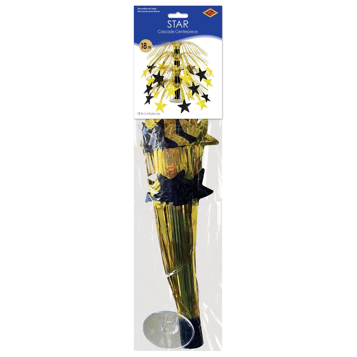 Beistle Star Cascade Centerpiece – Metallic Gold and Black Fringe Table Decoration with Hanging Cord, Clear Base, New Year’s Eve Décor, Graduation Celebration, Awards Night VIP Party Accent, 18"