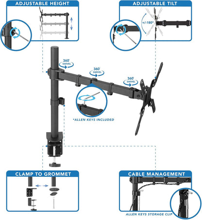 Mount-It! Large Monitor Desk Mount with VESA 200 (200x200, 200x100) Bolting Pattern, Fits up to 42 Inch and Ultrawide Monitors, Full Motion with Clamp and Grommet Base
