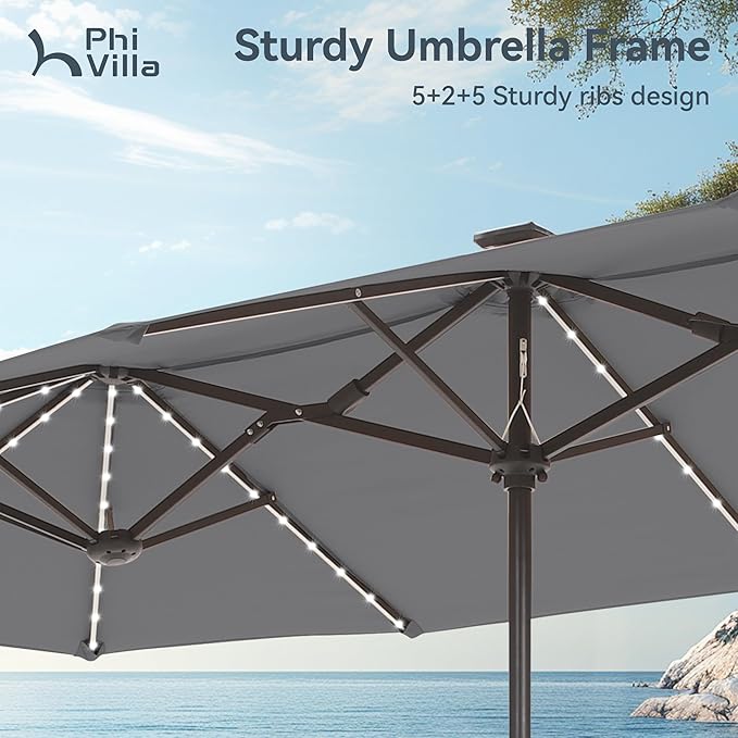 PHI VILLA 13ft Patio Umbrella with 120 PCS Solar-Powered LED Color-Changing Lights, Double-Sided Large Rectanglular Umbrella Outdoor for Table with Crank Lift,Light Grey(No Base)