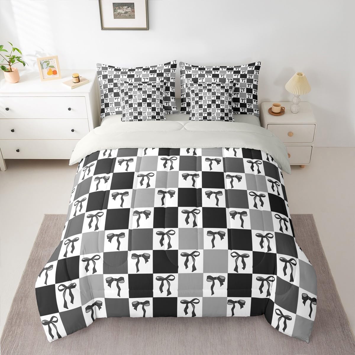 Erosebridal Bowknot 7 Piece Bedding Set Twin Grid Comforter Set with Sheets Cute Girly Geometric Plaid Check Bed in a Bag Aesthetic Kawaii Ribbon Bow Black for Kids Girls Women