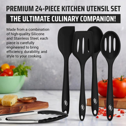 Kaluns Silicone Kitchen Utensils Set 24 Pcs Silicone Cooking Utensils Set - Can Opener, Masher, Turner, Spatula 446°F Heat Resistant Non-Stick - Premium Utensil Set