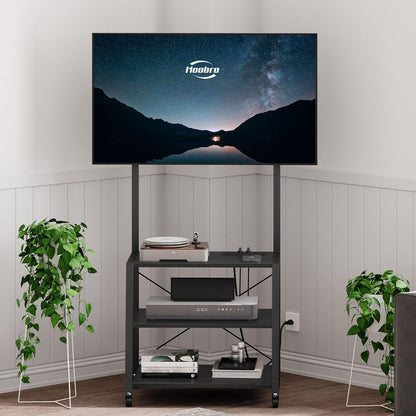 HOOBRO Rolling TV Stand with Mount and Power Outlet Up to 55 inch TV, Corner Entertainment Center, Small TV Stand with 3-Tier Storage Shelves for Living Room, Bedroom, Rustic Brown and Black BF66UDS01