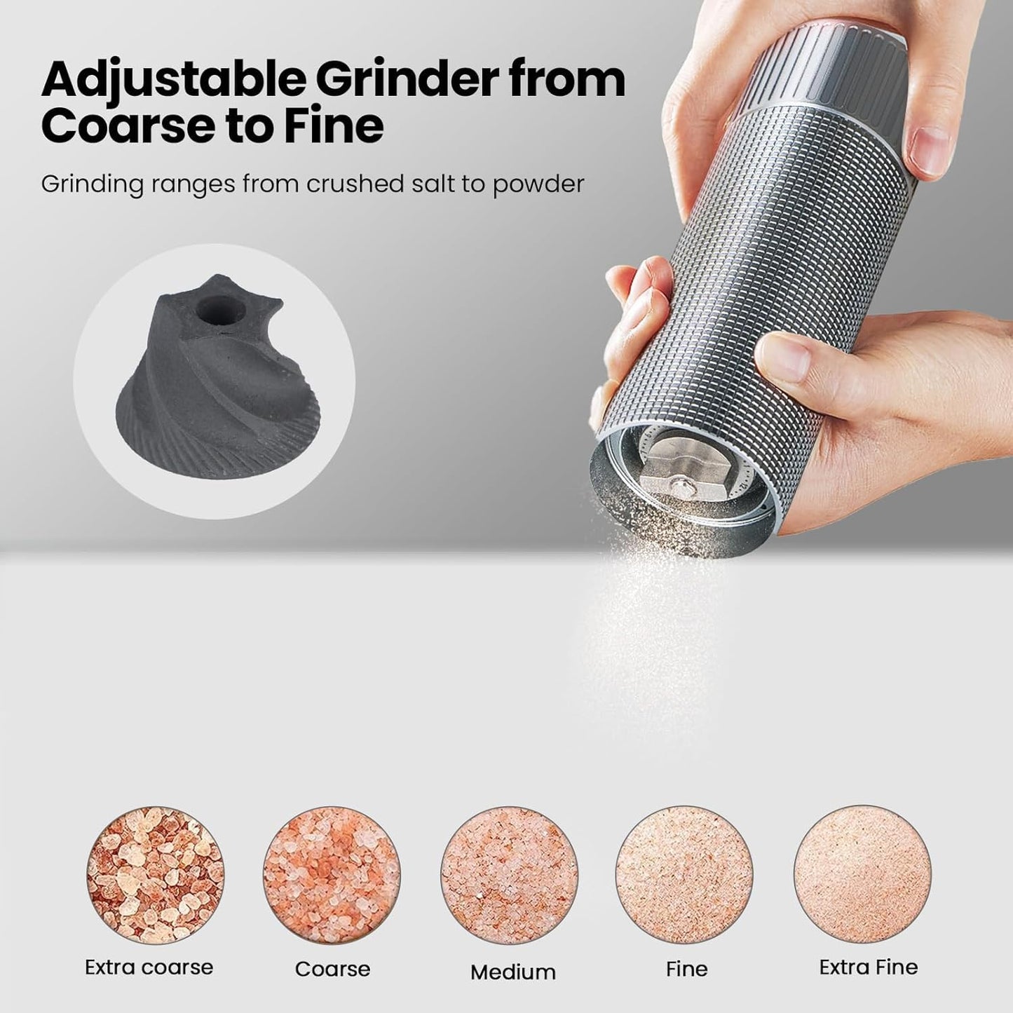 WhiteRhino Professional Salt Grinder Mill or Pepper Grinder,Heavy Duty High Output Aluminum Pepper Salt Refillable,Pepper Spice Grinder with Ceramic Burrs and 12 Adjustable Coarseness Settings