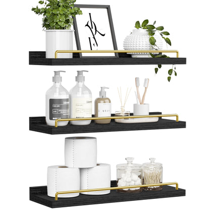 RYOFOBETTO Floating Shelves for Wall Decor, Black and Gold Shelves for Bathroom, Living Room, Bedroom, Picture Frames, Plants, Kitchen (Set of 3)