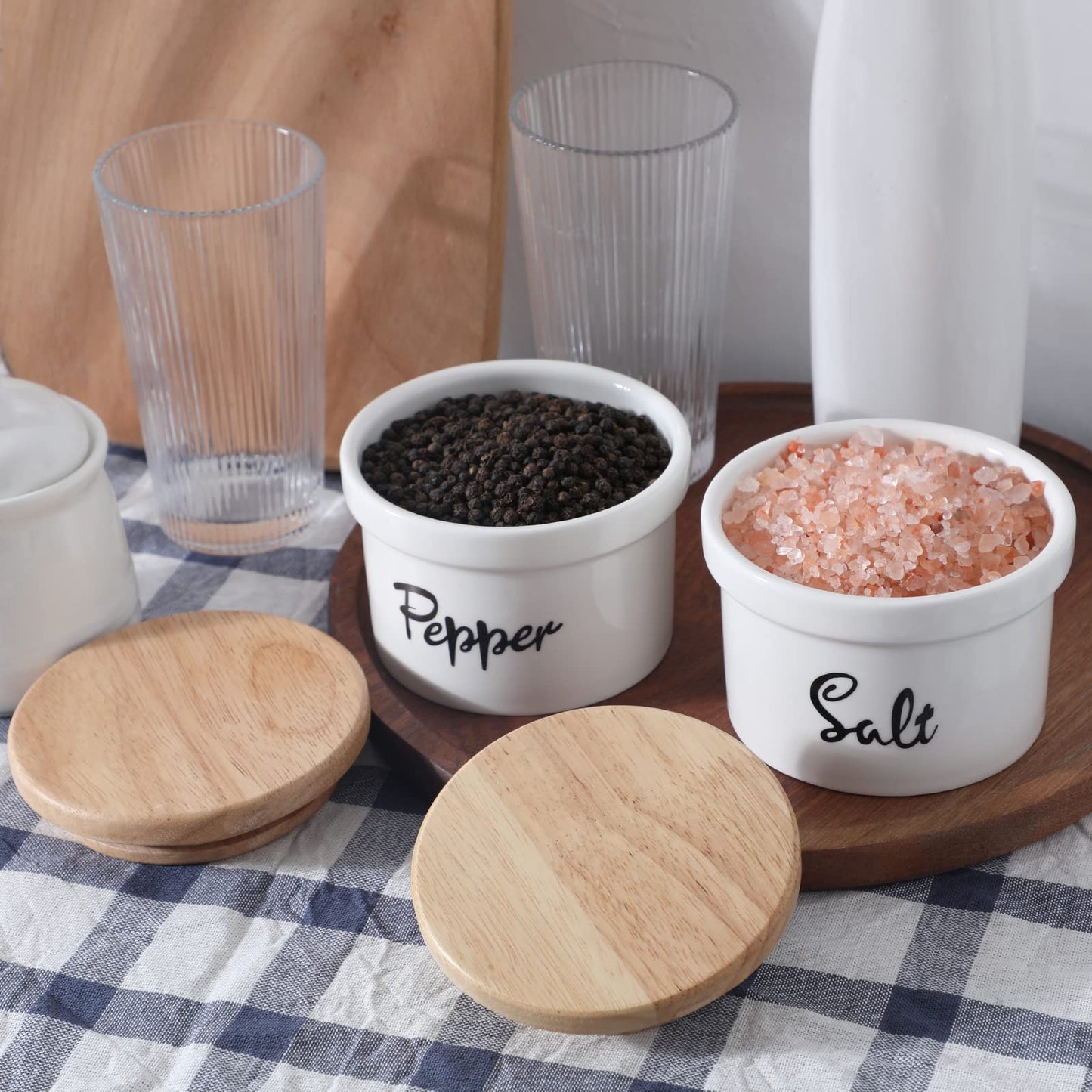 HAOTOP Salt and Pepper Bowls with wooden Lid, 12.5 oz Ceramic Salt and Pepper Saver Container for Countertop, Farmhouse Kitchen Decor