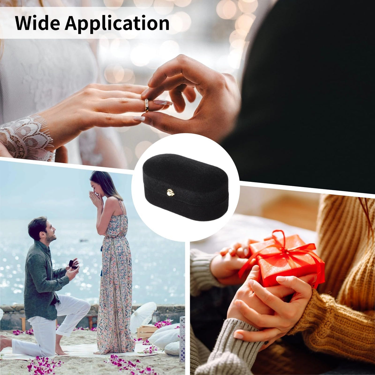 Toyosport 2 PCS Dual Slots Velvet Ring Boxes, Black Elegant Oval Ring Case for Weddings and Anniversaries