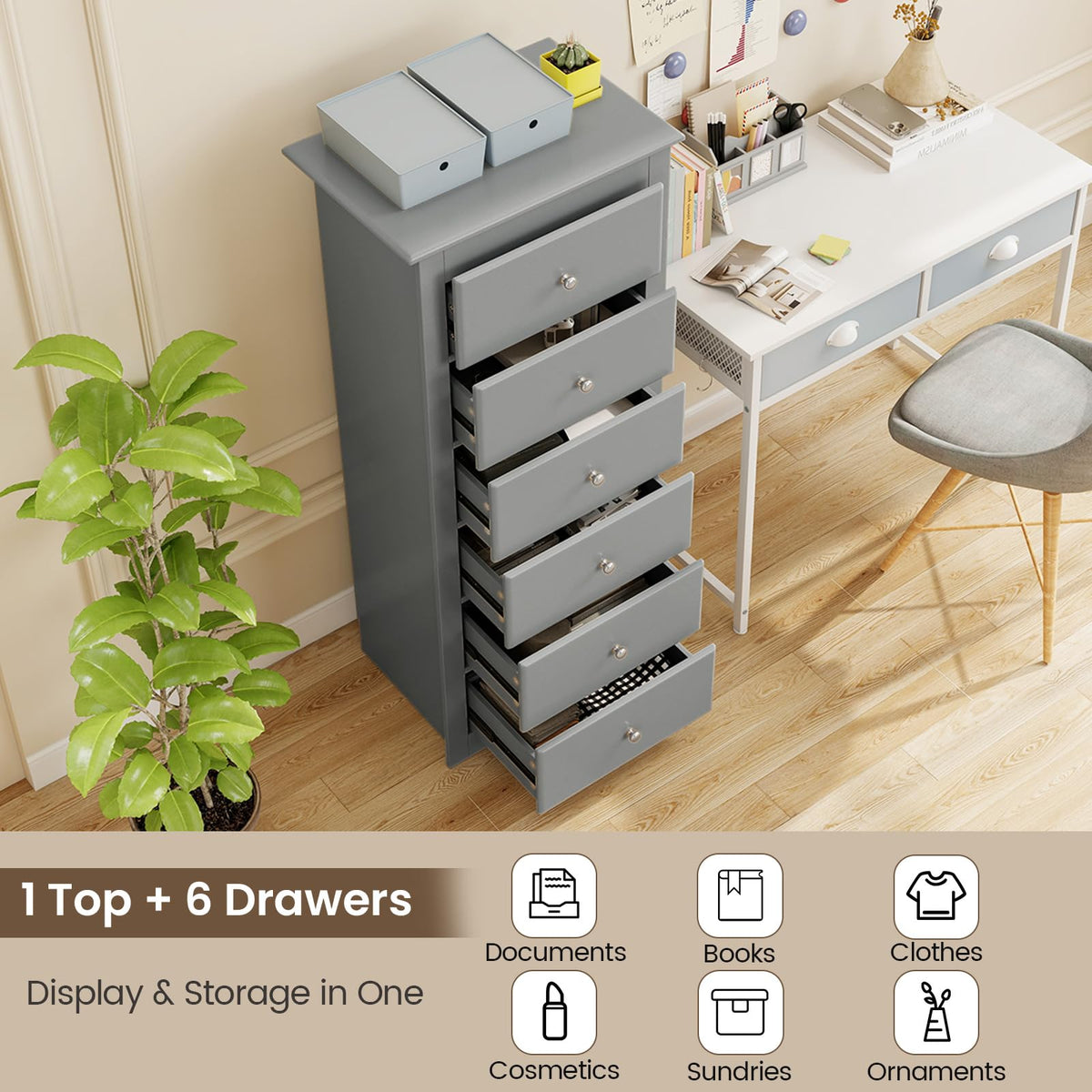 Giantex 6-Drawer Dresser for Bedroom, Wooden Chest of Drawers w/Metal Handles & Large Capacity, 16" D x 23" W x 53.5" H Clothes Organizer, Modern Tall Dresser for Bedroom, Entryway, Living Room