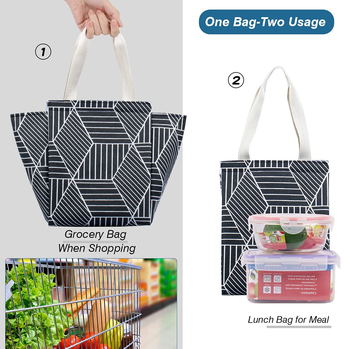 iknoe Insulated Lunch Bag for Women & Adults, 9L Foldable Wide-Open Cooler Bag with Pockets, Leakproof & Portable, for Picnic, Office, Beach, Black Rhombus