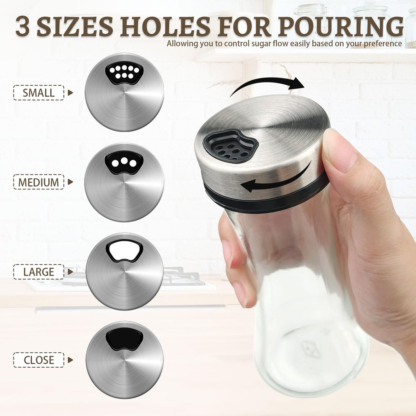 Realand 2 Pack Sugar Dispenser with 3 Adjustable Pour Spout, 6.8oz Glass Sugar Shaker Pourer Jar for Coffee Bar & Station, Airtight Salt and Pepper Shakers Spice Container