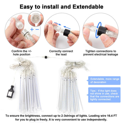 ZROPAW Christmas Lights Outdoor,24 Tubes 864 LED Meteor Shower Lights 12Inch, Waterproof Icicle Light Outdoor Christmas Decorations for Xmas Tree Yard Party, UL Plug, Blue