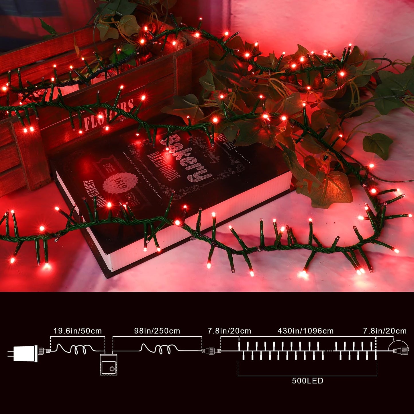 LAMPHOME 500 LED Red String Lights, 46ft 11 Modes Plug in Twinkle Fairy Lights, Waterproof Connectable Cluster Christmas Lights for Christmas Tree, Valentine's Day, Bedroom & Party Decor