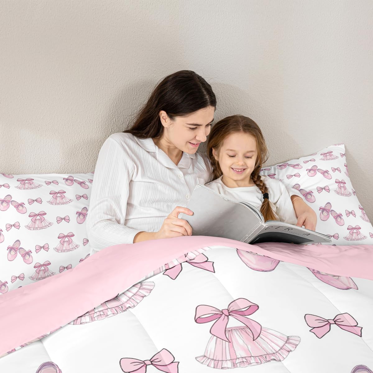 Erosebridal Girls Bow Comforter Set Ribbon Bowknot Ballet Skirt Full Size Bedding Sets | Ballerina Toe Shoe Comforter Kawaii Little Ballet Princess Bed Set