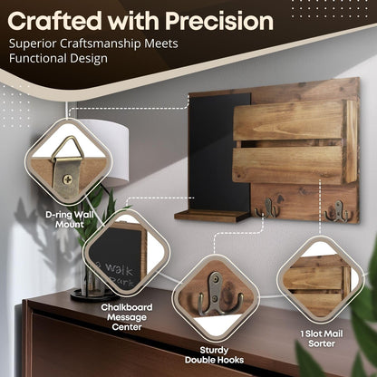 Flexzion Rustic Wood Entryway Mail Sorter Holder, Wall Mount Mudroom Storage Organizer with Blackboard Chalkboard Memo Board Message Sign & Key Hook Rack/f Front Door Furniture Accessory Home Office