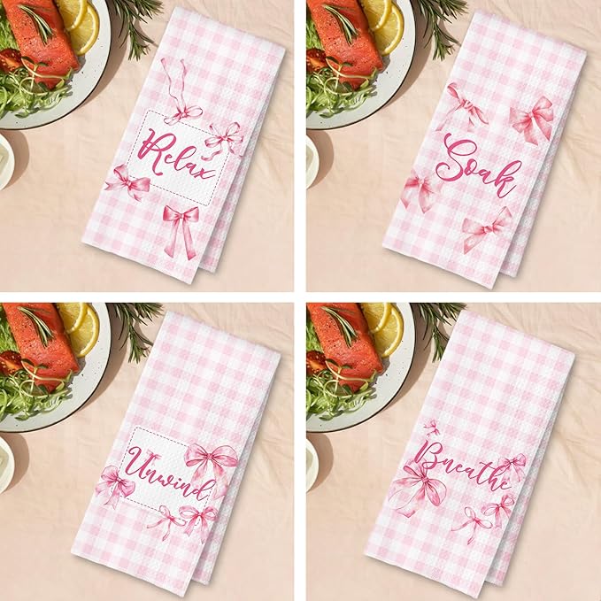 Coquette Pink Bow Checkered Decorative Towels