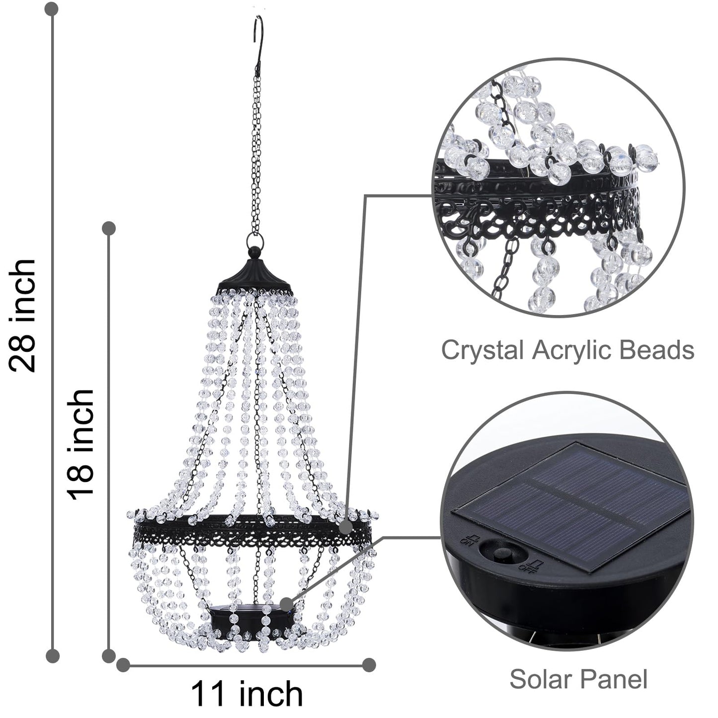 Hanging Solar Lantern Outdoor, 28” Modern Clear Crystal Acrylic Chandelier with 30 Cool White Lights S Hook for Garden, Yard, Patio, Gazebo Decorations
