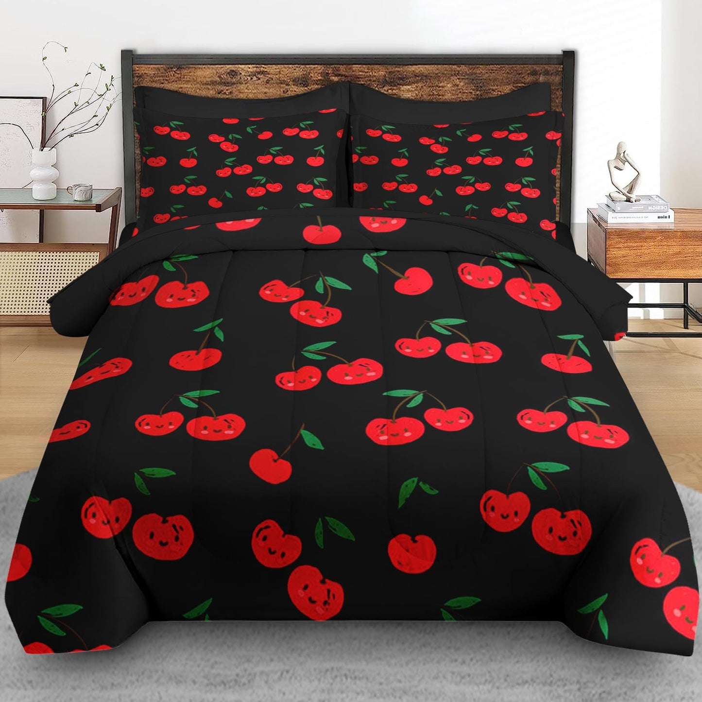Pamnest Comforter Set King Size, Cute Cartoon Cherry 7 Pcs Bedding for Kids and Adults, Red Sweet Fruit Bed Sheet Sets with Fitted Sheet 2 Pillowcases & 2 Shams for Bedroom Bed Decor