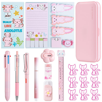 11 in 1 Pink Axolotl Stationery Gifts Set School Supplies for Kids, Kawaii Stationery Kit Axolotl Office Supplies with Pencil Case, Pens & Sticky Notes Set Correction Tape Ruler Utility Knife Cat Clip