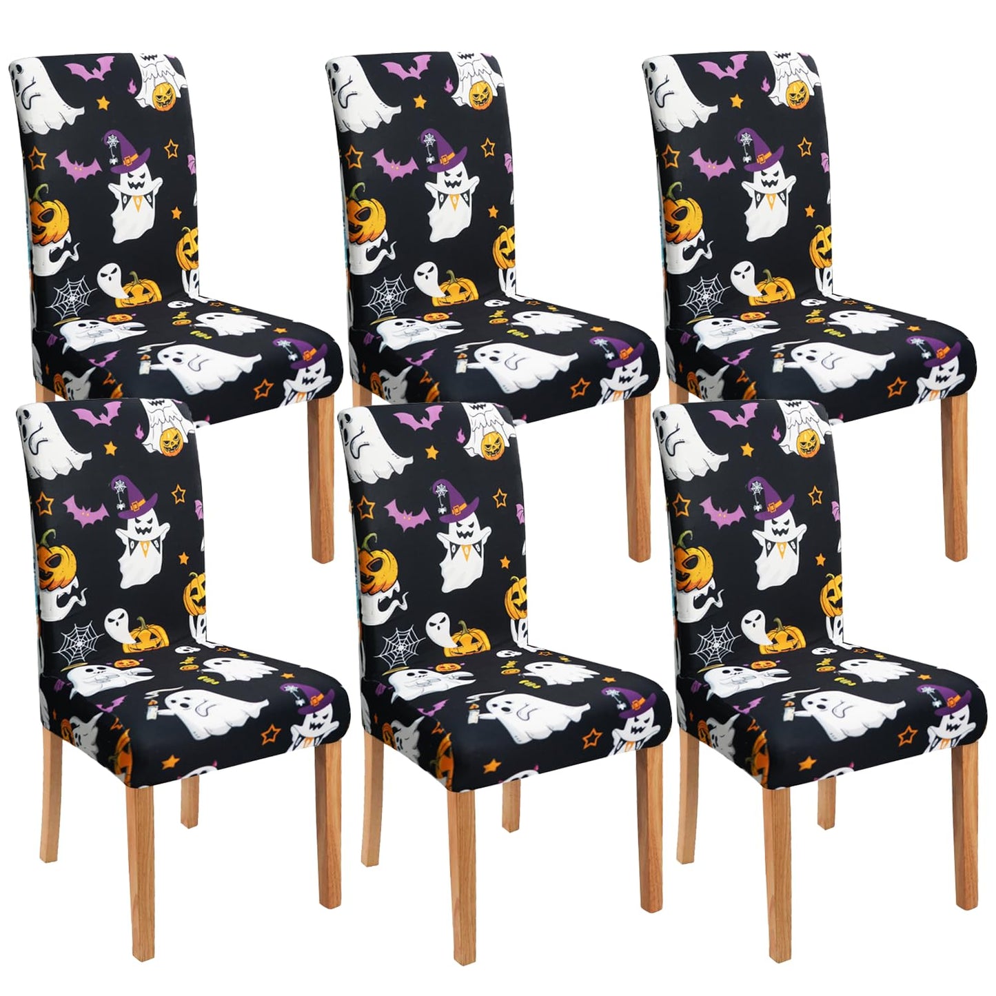qwpmvhsak Halloween Chair Covers Set of 6, Cute Pumpkin Ghost Dining Chair Protectors, Black Elastic Removable Washable Dining Chair Covers, Suitable for Halloween Kitchen Restaurant Holiday Decor