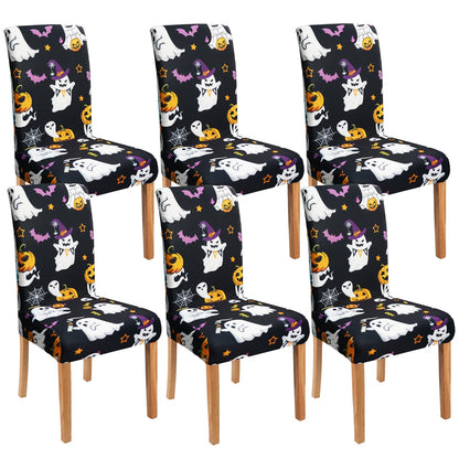 qwpmvhsak Halloween Chair Covers Set of 6, Cute Pumpkin Ghost Dining Chair Protectors, Black Elastic Removable Washable Dining Chair Covers, Suitable for Halloween Kitchen Restaurant Holiday Decor