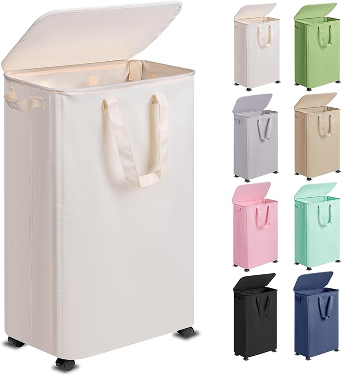 Slim Laundry Hamper with Lid and Wheels, Small Rolling Laundry Basket with