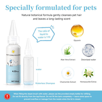 Pet Steam Brush for Dog & Cat - 3-in-1 Steam Grooming Brush for Shedding & Hair Removal - Self Cleaning Spray Comb with Mist for Long Haired Pets - Includes 1*Waterless Shampoo, Blue.