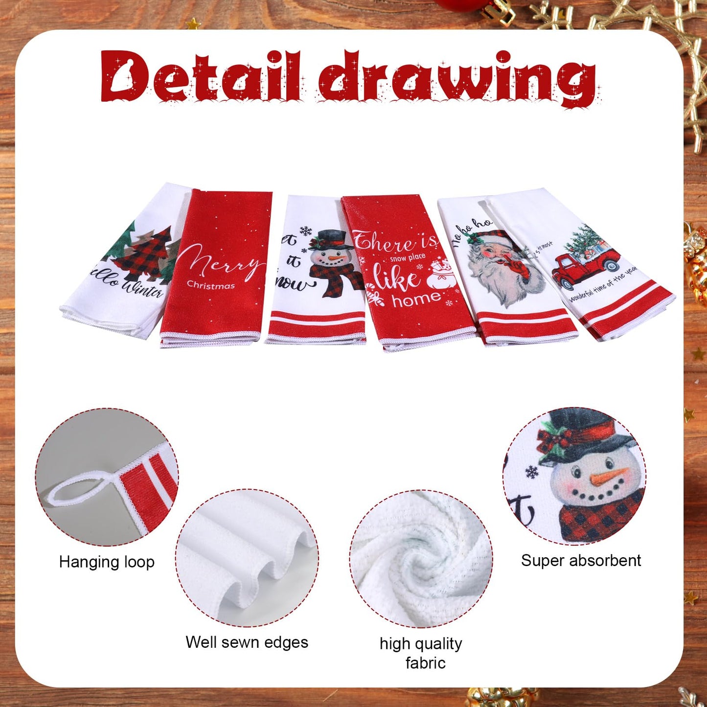 Oudain 6 Pcs Christmas Kitchen Towels Red and White Christmas Hand Towels Xmas Tree Snowman Dish Cloths 24 x 16 Inch Santa Truck Decorative Tea Dishcloths for Home Kitchen Bathroom Winter Xmas Gifts