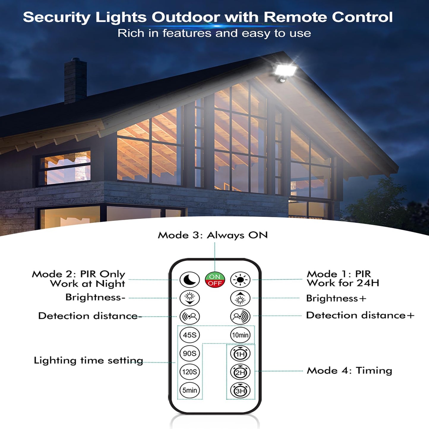 CLY 2 Pack Security Lights Outdoor with Motion Sensor, 15W 1200LM LED Floodlight with Remote Control IP66 Waterproof PIR Sensor Lights 6500K LED Outdoor Lights for Garden, Backyard, Garage, Doorways