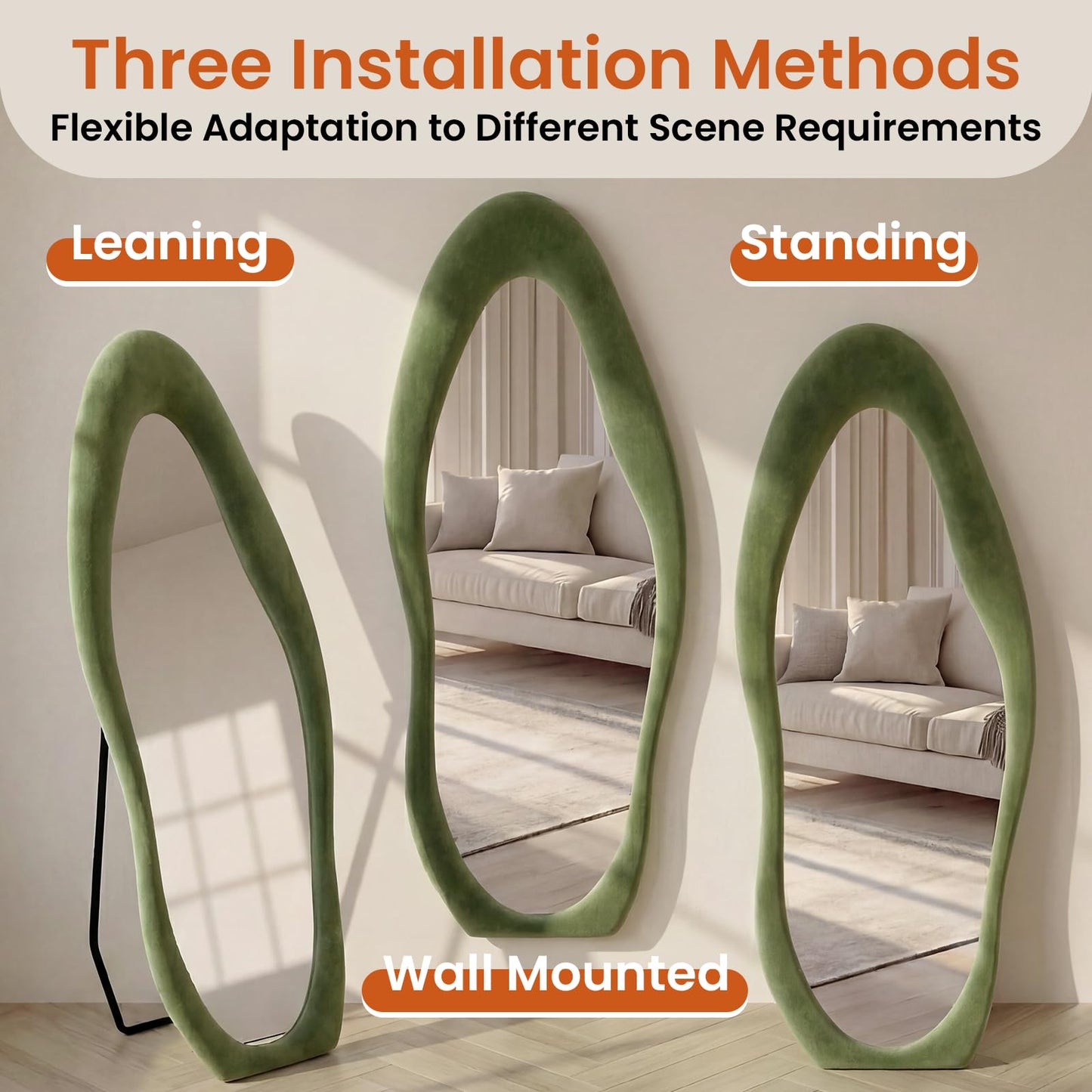 ZHUNFA Full Length Mirror,65×24 Mirror Full Length Wall Mounted Wrapped in Flannel,Featuring an Irregular Cloud Shaped Design,Room,Bedroom,Living Room Home Decor,Green.
