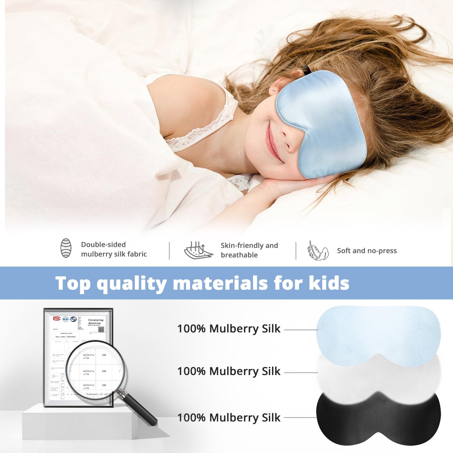 Kids Sleep Mask Eye Cover, 100% Real Natural Pure Silk Eye Mask with Adjustable Strap, Blindfold Kids Eye Mask for Sleeping, Eye Shade for Boys Girls and Adult, Pressure-Free Comfort (Black)