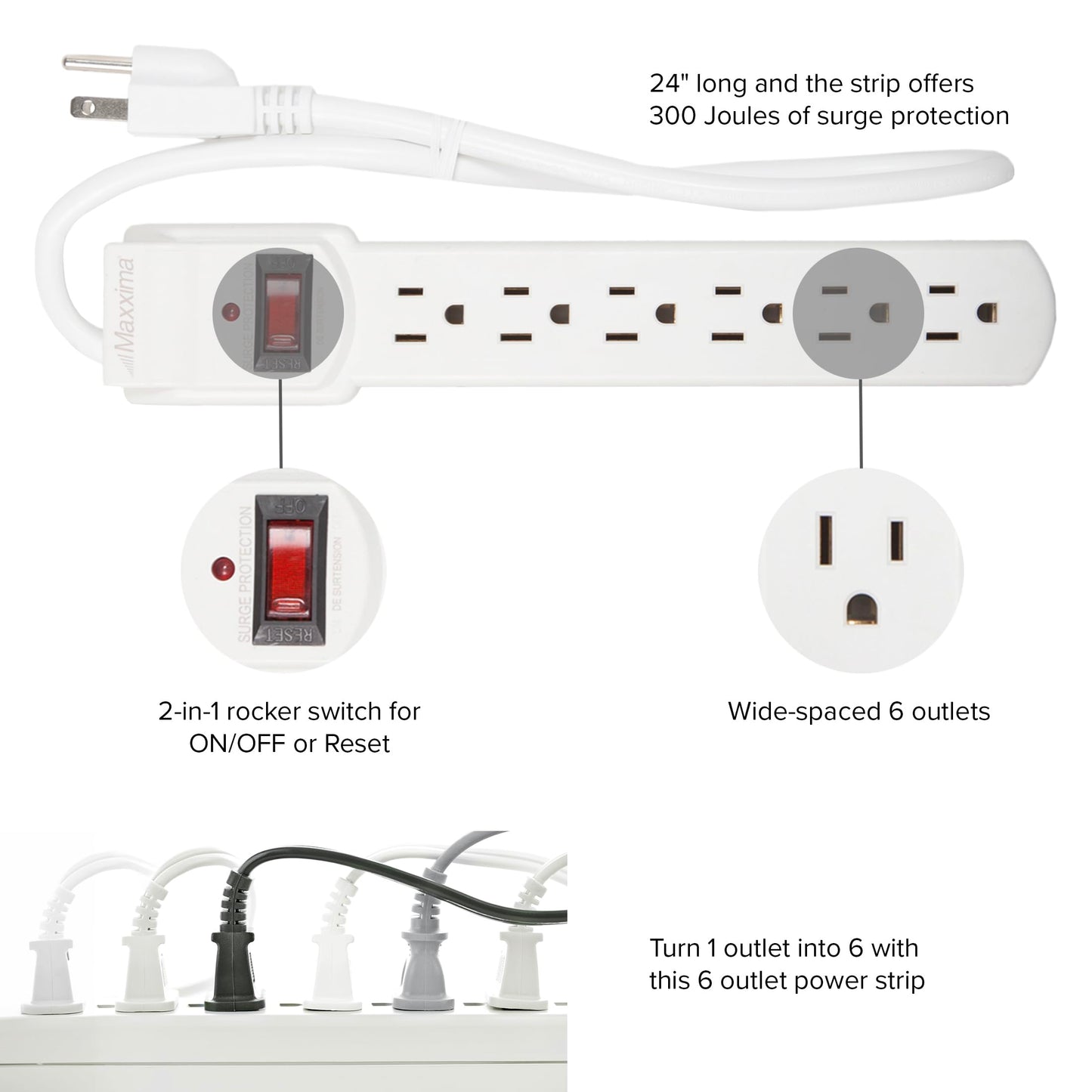 Maxxima 4-Pack 6 Outlet Power Strip Surge Protector - 300 Joules, Features Red On/Off Switch, Powers Multiple Electronics and Devices Simultaneously, Perfect for Home Appliances - Black