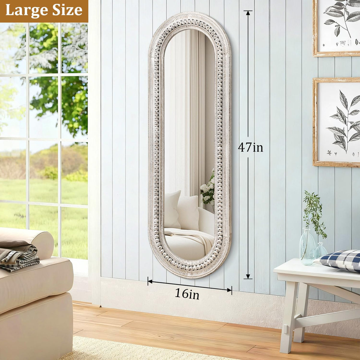 MWAZZLL Wall Mirror Full Length with Beaded Framed Oval Rustic Wood Mirrors Decrorative Large 47"x16" for Bedroom Bathroom Living Room Entryway Dressing Room White