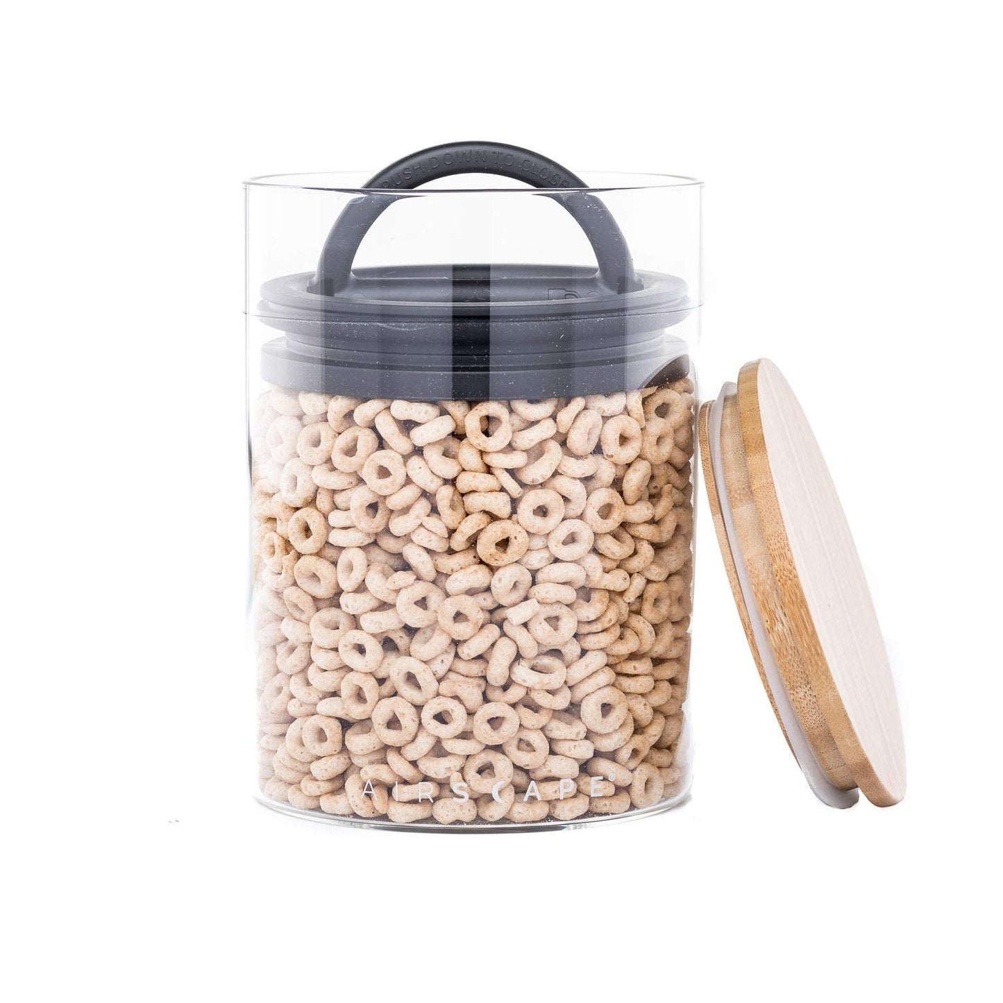 AirScape Glass Food Storage Canister - Glass Storage With US Patented Airless Inner Lid & Bamboo Top Lid - Preserves Food Freshness (Medium 7-Inch)