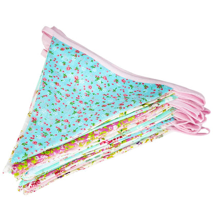 G2PLUS 36PCS Double Sided Fabric Bunting, 10M Blue and Purple Floral Cotton Banner, 17x19CM Large Triangle Garland Reusable for Indoor and Outdoor Party Decoration