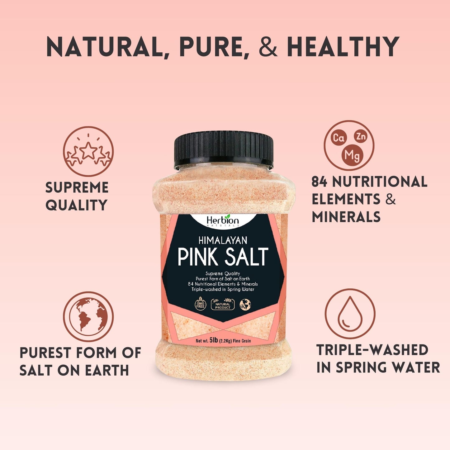 Herbion Naturals Premium Himalayan Cooking Essentials – Pink Salt 5 lbs & Salt Grinder Bottle | Mineral-Rich Seasoning, Pantry Staple & Fresh-Grind Flavor | 2-Piece Bundle