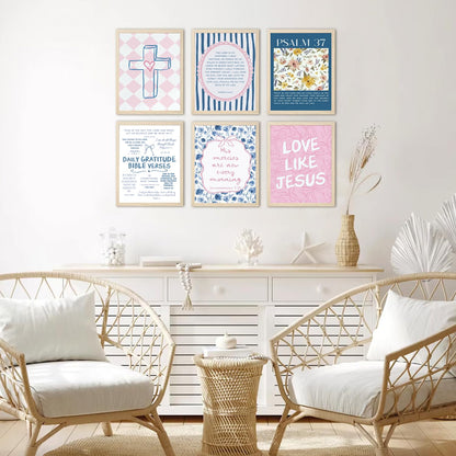 Pink Blue Christian Wall Art Set of 6, Preppy Bow Bible Verse Canvas Posters, Floral Scripture Wall Decor Pictures Jesus Religious Painting Trendy Prints for Girls Bedroom Dorm 8x10in Unframed