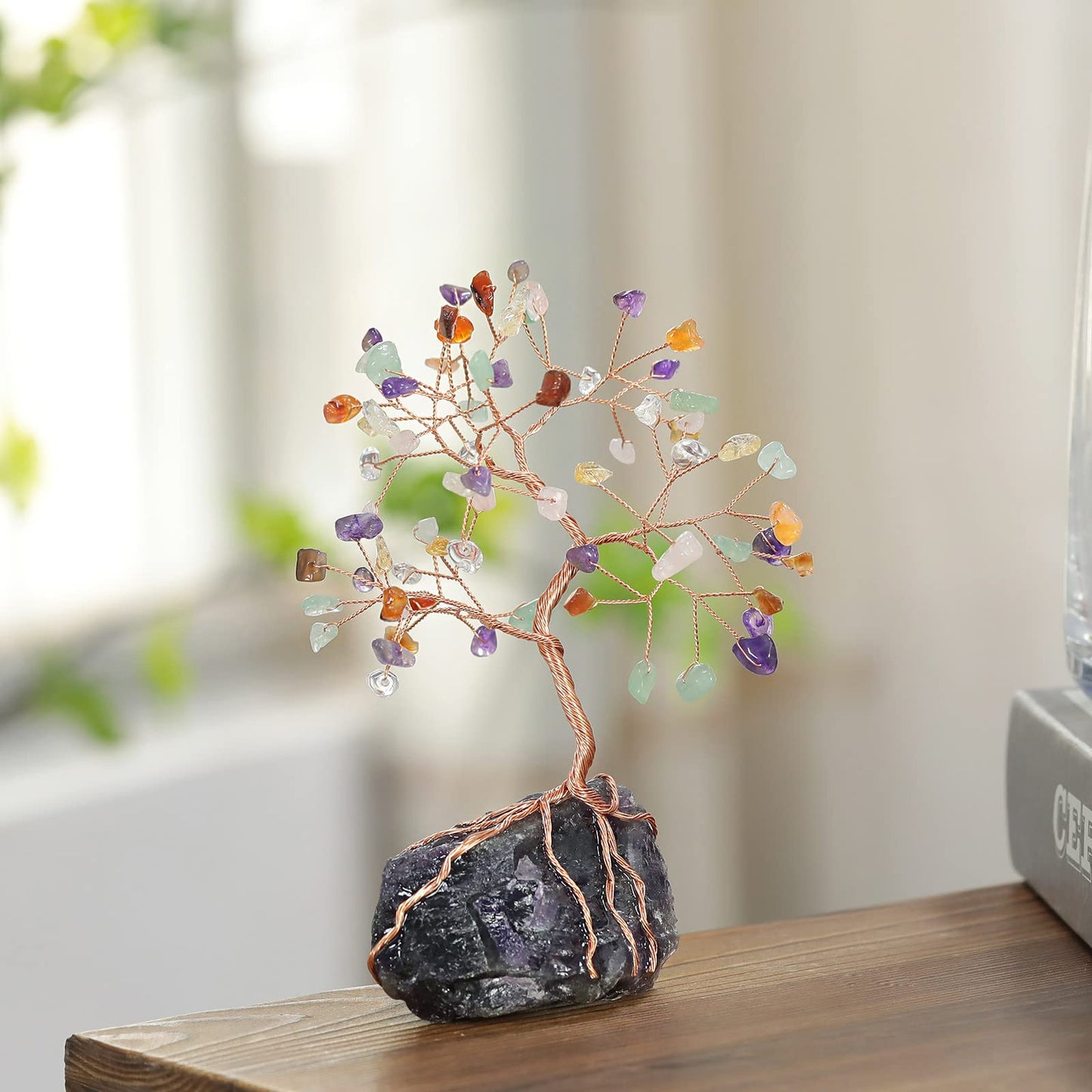 Rockcloud Crystal Money Tree with Irregular Raw Amethyst Crystal Cluster Base, Copper Wire Lucky Bonsai Tree for Desktop Office Home Decor, Mixed Stones