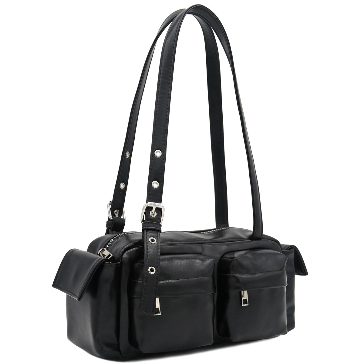 FashionPuzzle Glossy PU Leather Multi Pocket Shoulder Bag Satchel (Black)