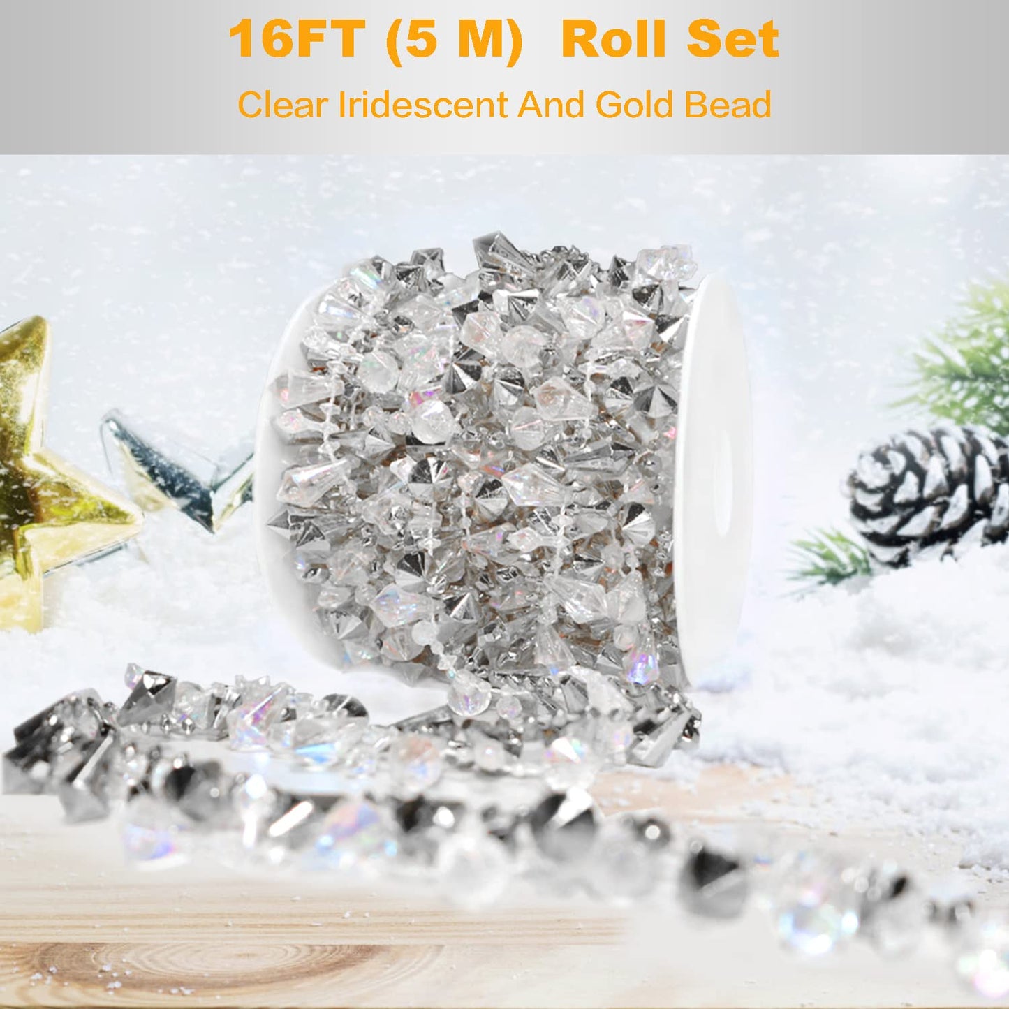 Jishi 16ft Christmas Garland Christmas Tree Silver Bead Decor, Clear Iridescent Silver Bead Garland Twist Bead String for Christmas Tree Decoration, Rustic Crystal Garland Ornaments Home Decorations