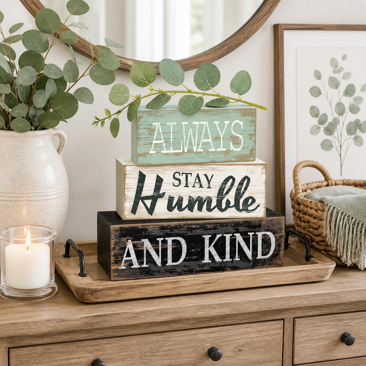 4 Pcs Farmhouse Stacked Wooden Decor Always Stay Humble and Kind Inspirational Table Signs with Eucalyptus Leaves for Living Room Shelf Fireplace Mantle Home Decoration Housewarming Gift
