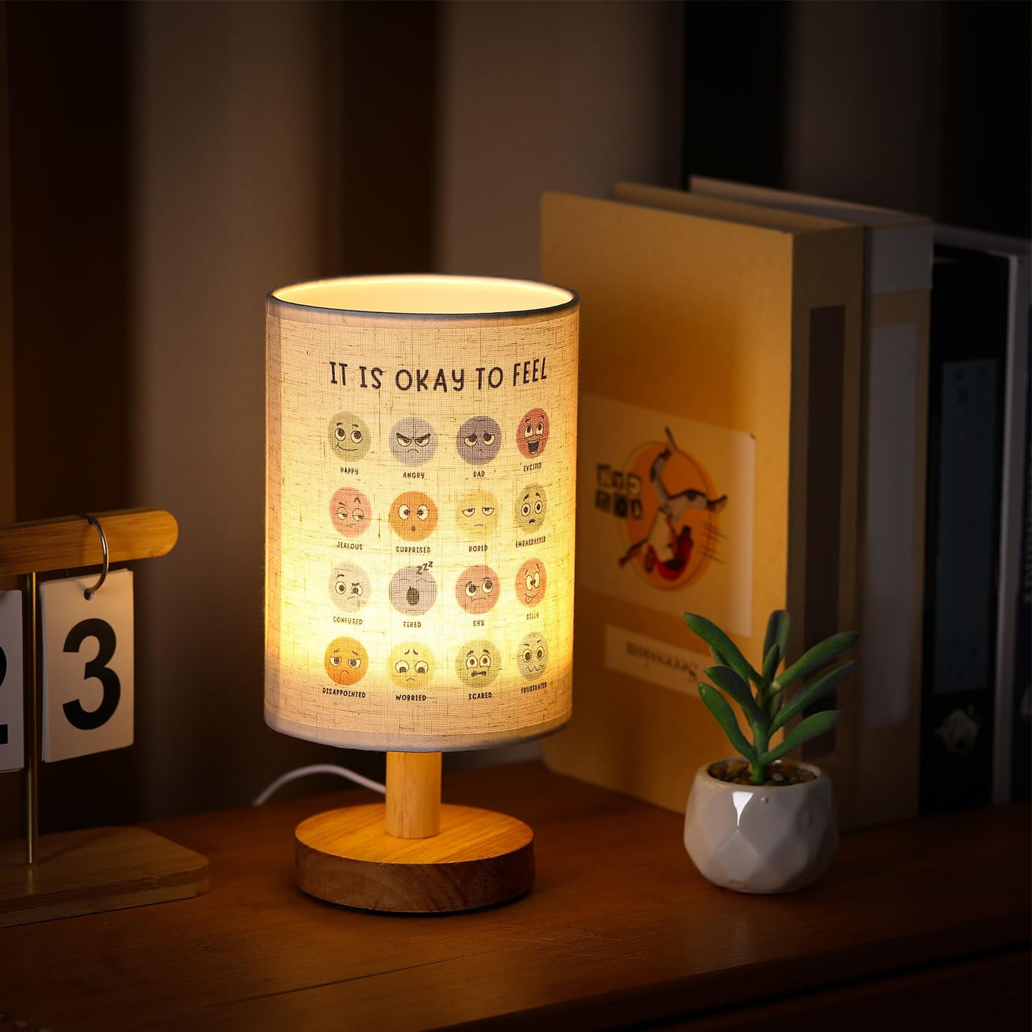 Baquler Bedside Table Lamp Boho Table Lamp Decorations for Bedroom It is Okay to Feel Classroom Light with USB Wood Base Cozy Nightstand Gifts Light for Counseling Home Desk Living Read Work
