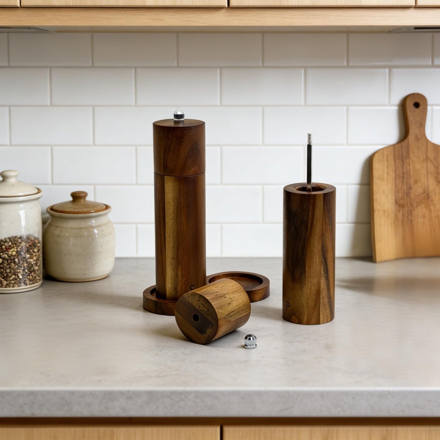 Amestar 8 Inch Acacia Wooden Salt and Pepper Grinder Set, Refillable Salt and Pepper Mills Adjustable Coarseness, Salt and Pepper Shakers Matching Wooden Tray, Spice Grinder for Kitchen
