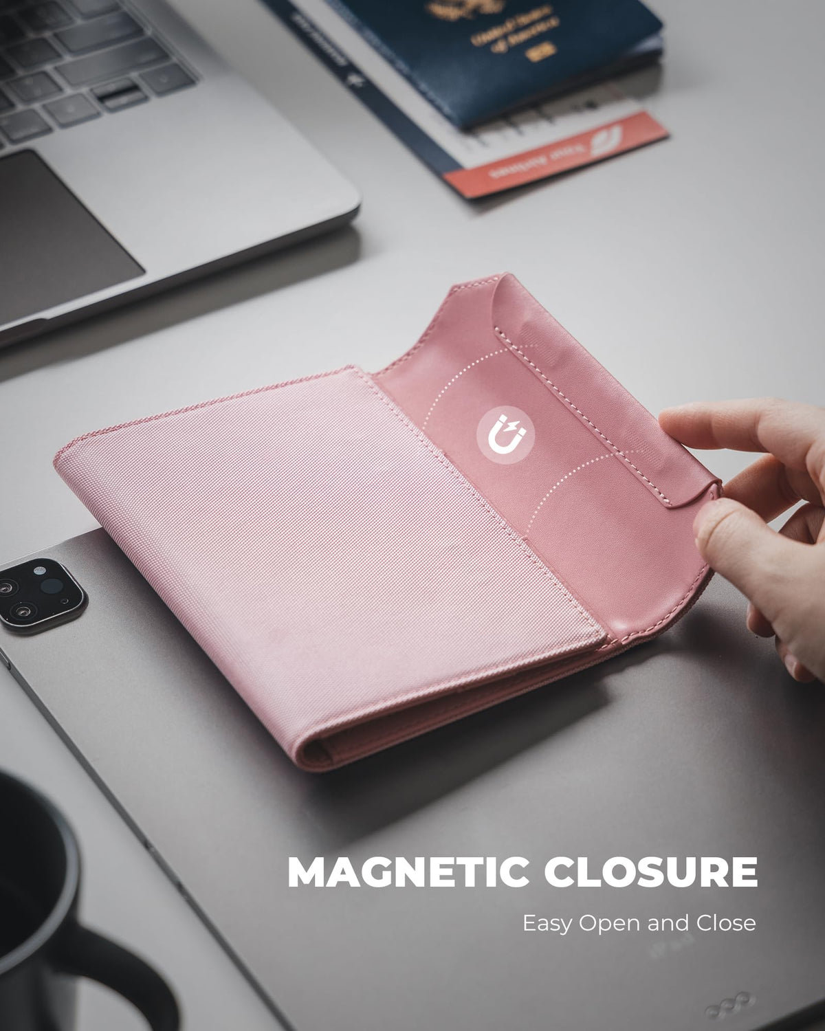 VULKIT RFID Blocking Leather Passport & Card Holder, Dual Person Travel Passport Wallet with Secure Magnetic Closure, Pink
