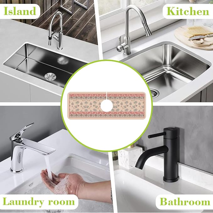 Sink Splash Guard Faucet Mat Retro Boho Flowers Absorbent Fast Drying Mat Sink
