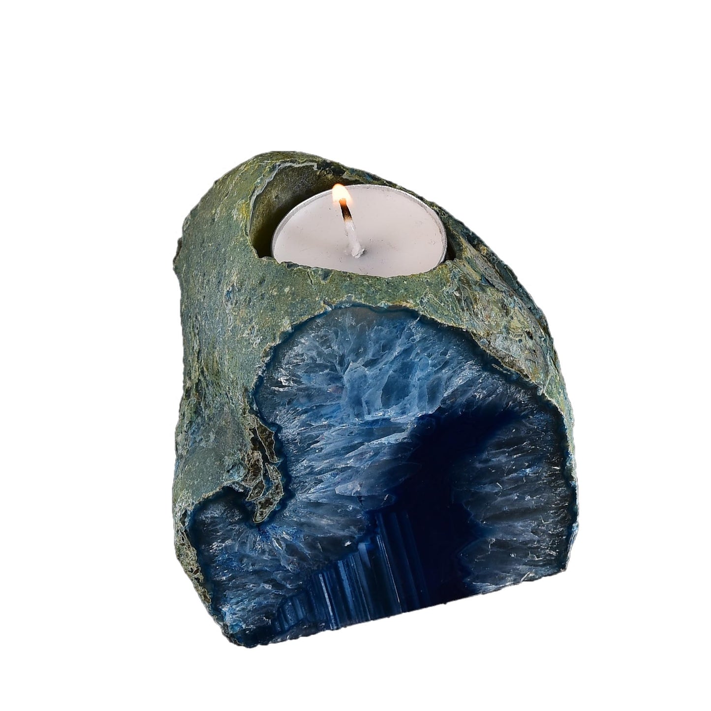 AMOYSTONE Blue Agate Stone Candle Holder for Pillar & Tea Lights 1-1.5lb, or Plant Terrarium as Boho Home Accent